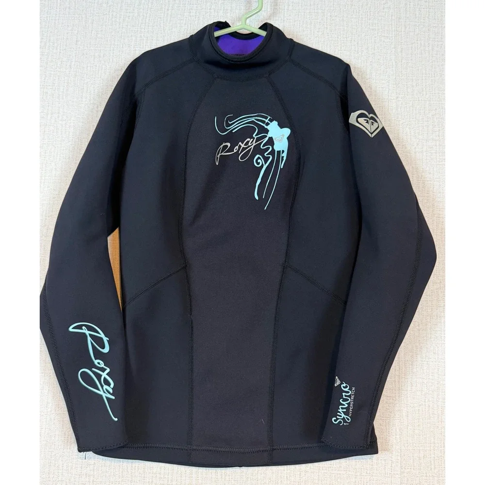 Roxy Syncro 1mm Hyperstretch Girls Rash Guard Wetsuit Top Black Blue Size 8/36
